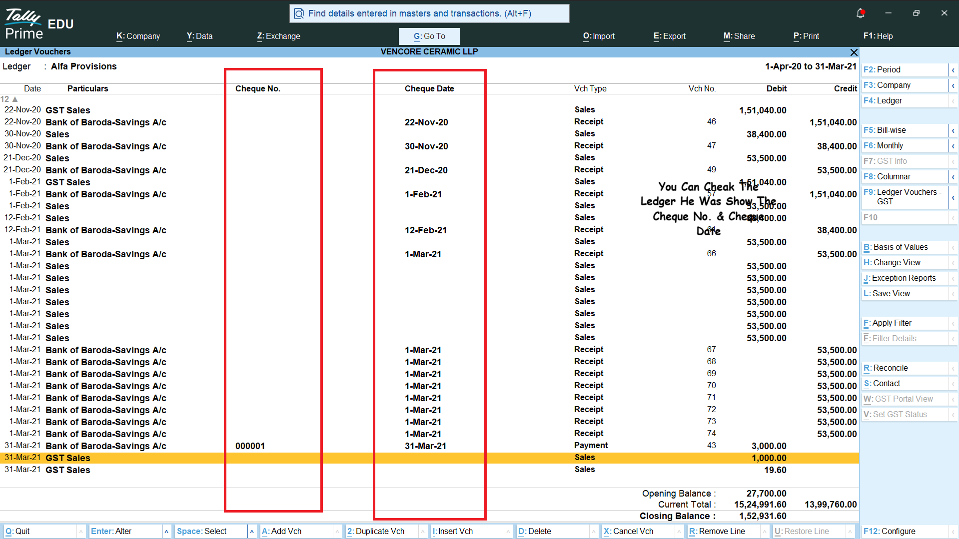 Enable Cheque No and Cheque Date in Ledger Statement